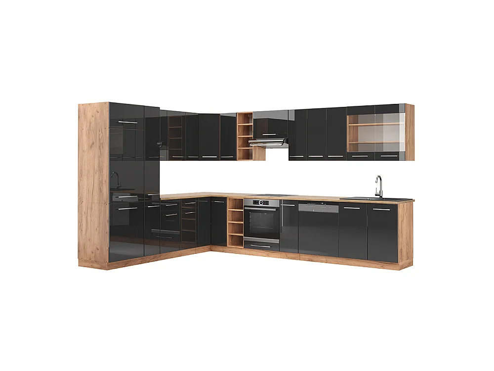 Cuisine en angle anthracite brillant/chêne doré 347x60x81.6 fame-line