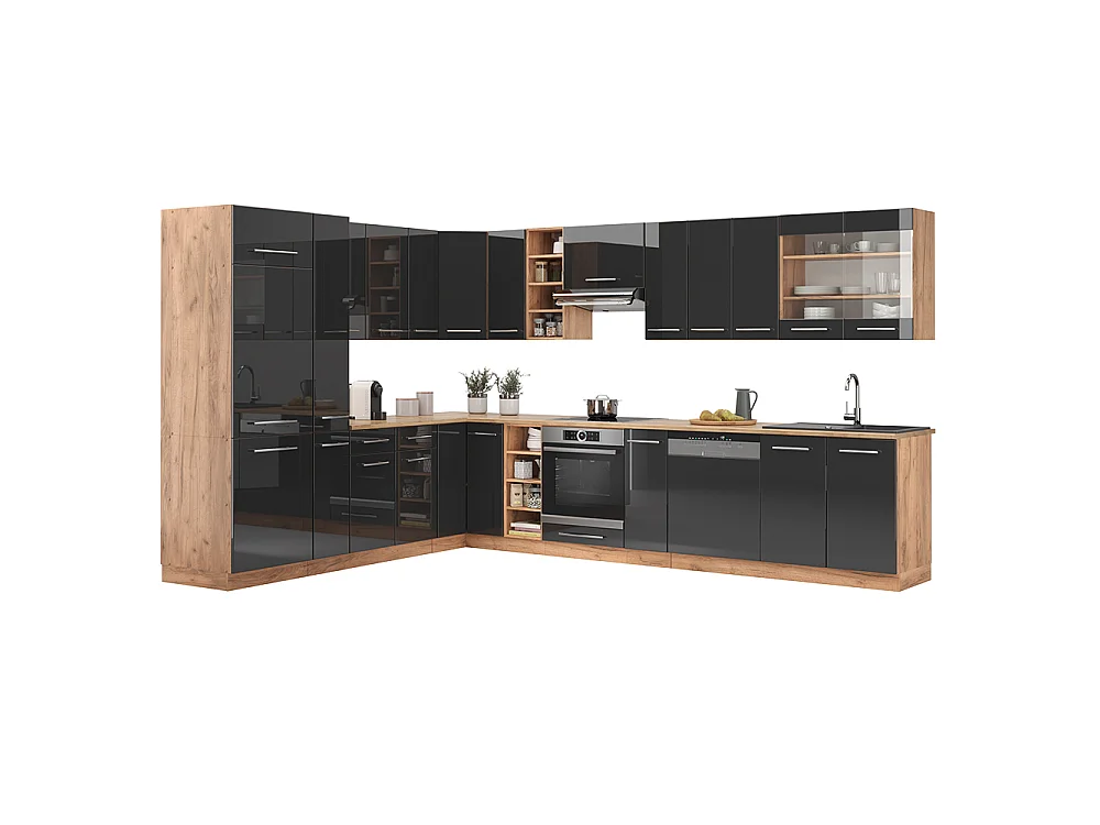 Cuisine en angle anthracite brillant/chêne doré 347x60x81.6 fame-line