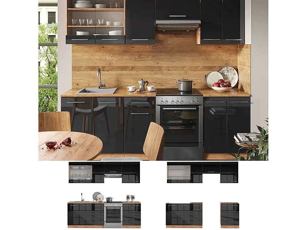 Küchenzeile anthrazit hochglanz/goldkraft eiche 240x60x81.6 fame-line