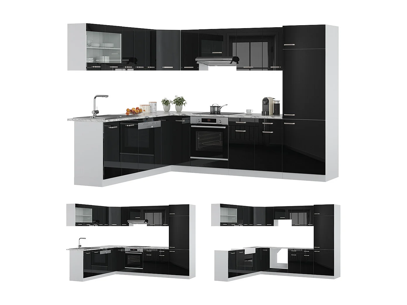Cocina esquinera negro brillo intenso 287x60x81.6 r-line