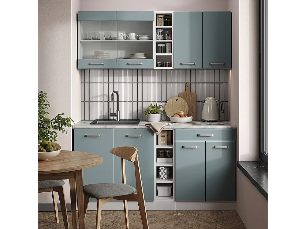Cucina monoblocco blu-grigio/bianco 160x46x81.6 r-line