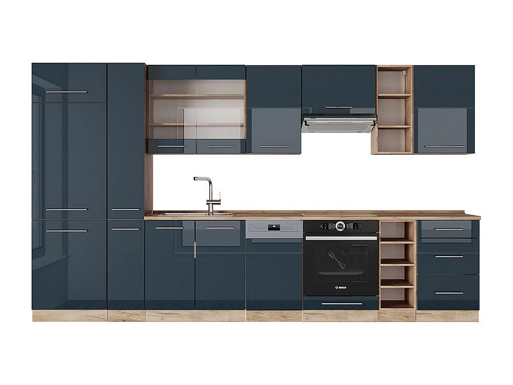 Mueble de cocina azul oscuro alto brillo/roble dorado 355x60x81.6 fame-line