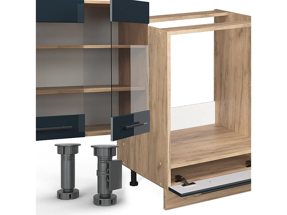 Mueble de cocina azul oscuro alto brillo/roble dorado 355x60x81.6 fame-line