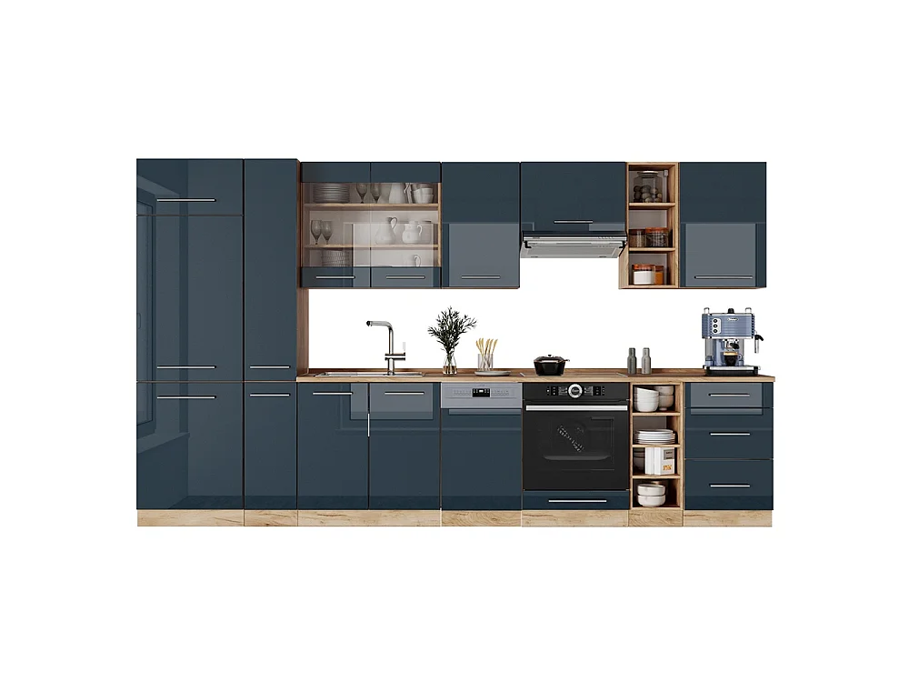 Cuisine bleu foncé brillant/chêne doré 355x60x81.6 fame-line