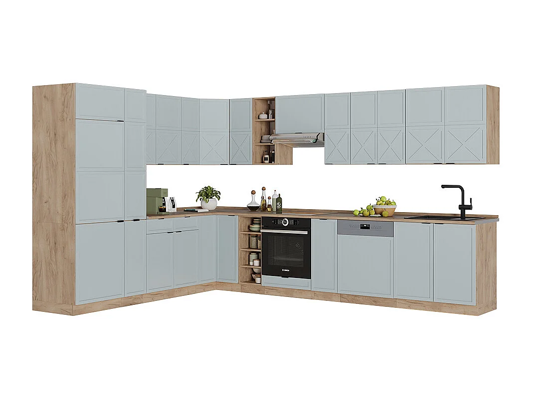 Cuisine en angle bleu clair-gris/chêne force dor 347x60x81.6 fame-line