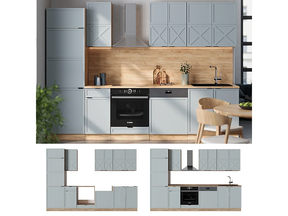 Cuisine bleu clair-gris/chêne force dor 300x60x81.6 fame-line