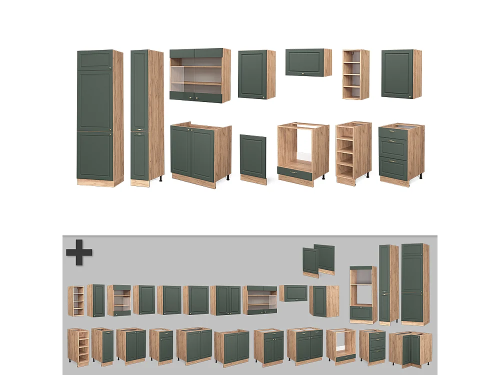 Küchenzeile grün-gold landhaus/goldkraft eiche 355x60x81.6 fame-line