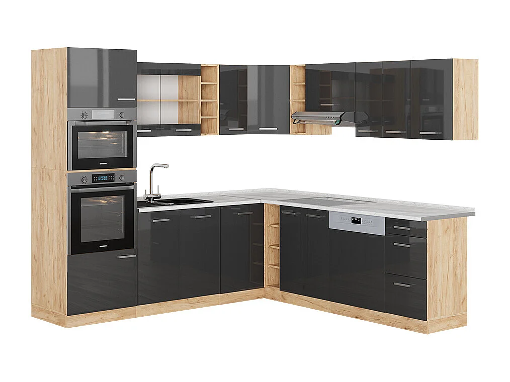 Eckküche anthrazit hochglanz/goldkraft eiche 247x60x81.6 r-line