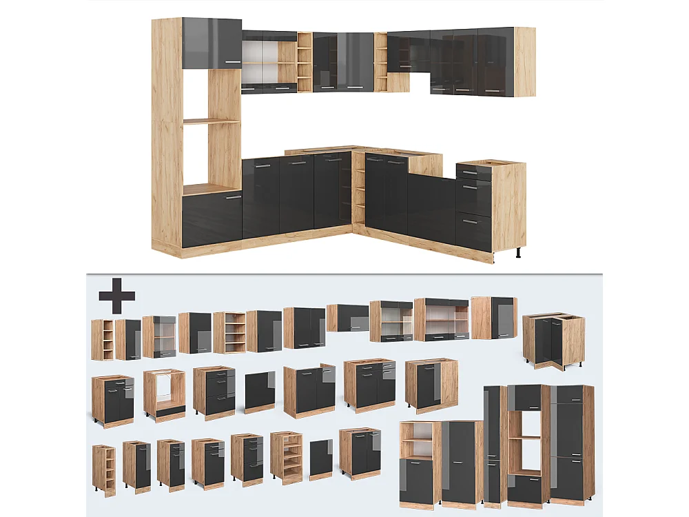Eckküche anthrazit hochglanz/goldkraft eiche 247x60x81.6 r-line