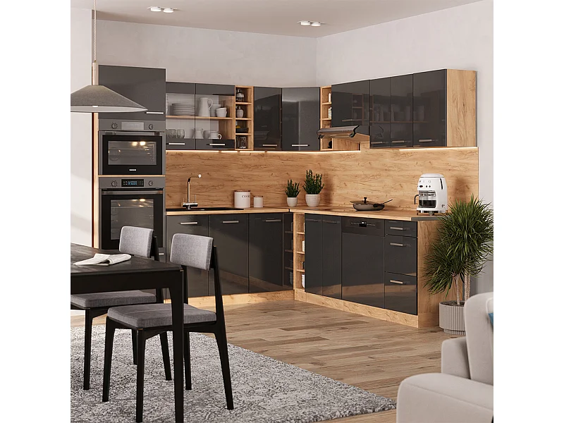 Hoekkeuken antraciet hoogglans/goud eiken 247x60x81.6 r-line