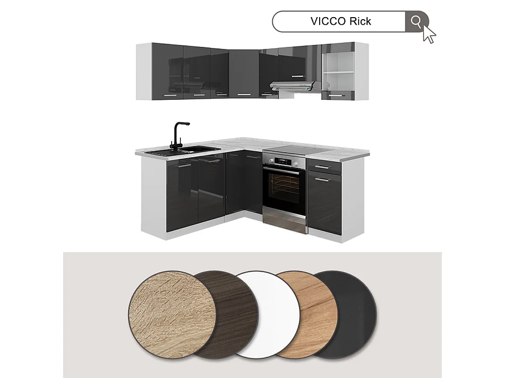 Cuisine en angle anthracite brillant/blanc 190x60x81.6 rick