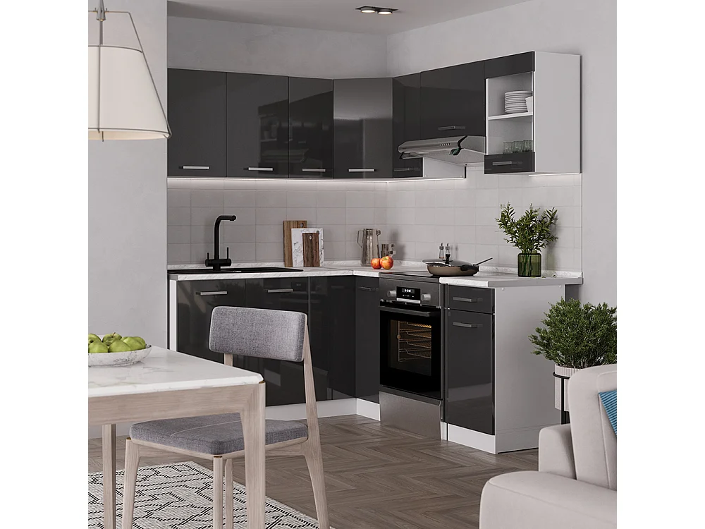 Cuisine en angle anthracite brillant/blanc 190x60x81.6 rick