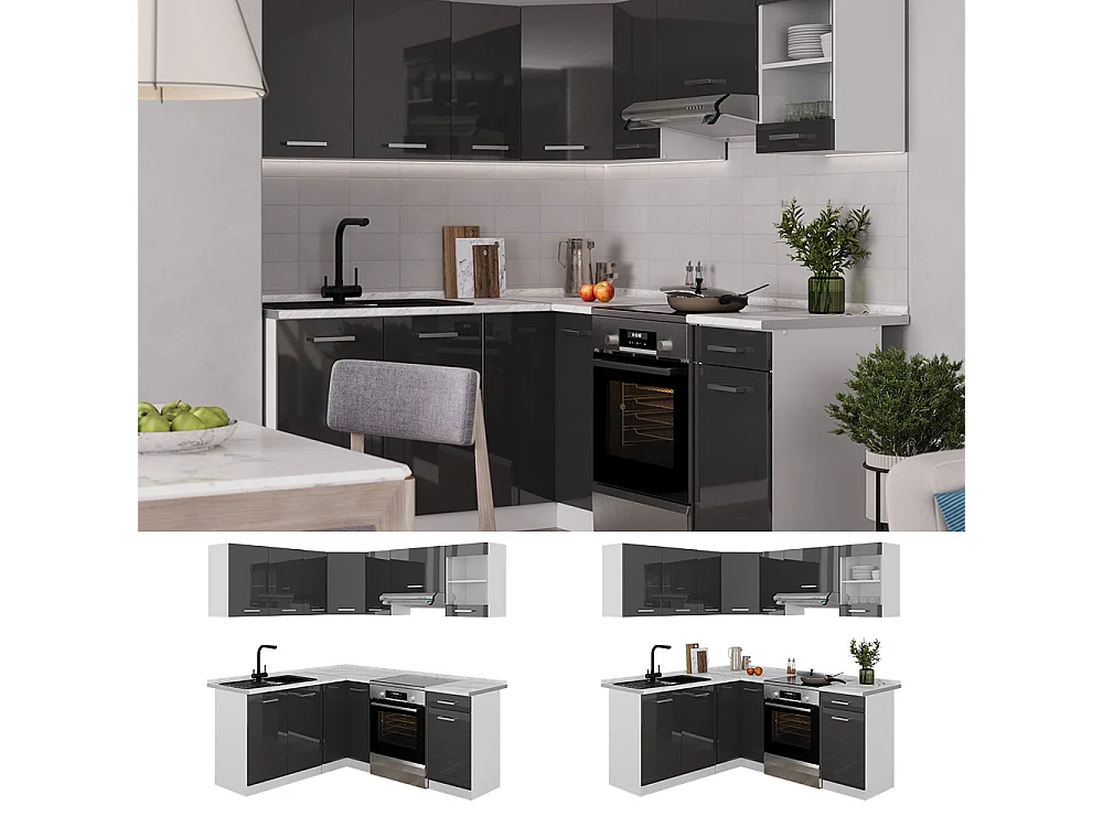 Eckküche anthrazit hochglanz/weiß 187x60x81.6 r-line