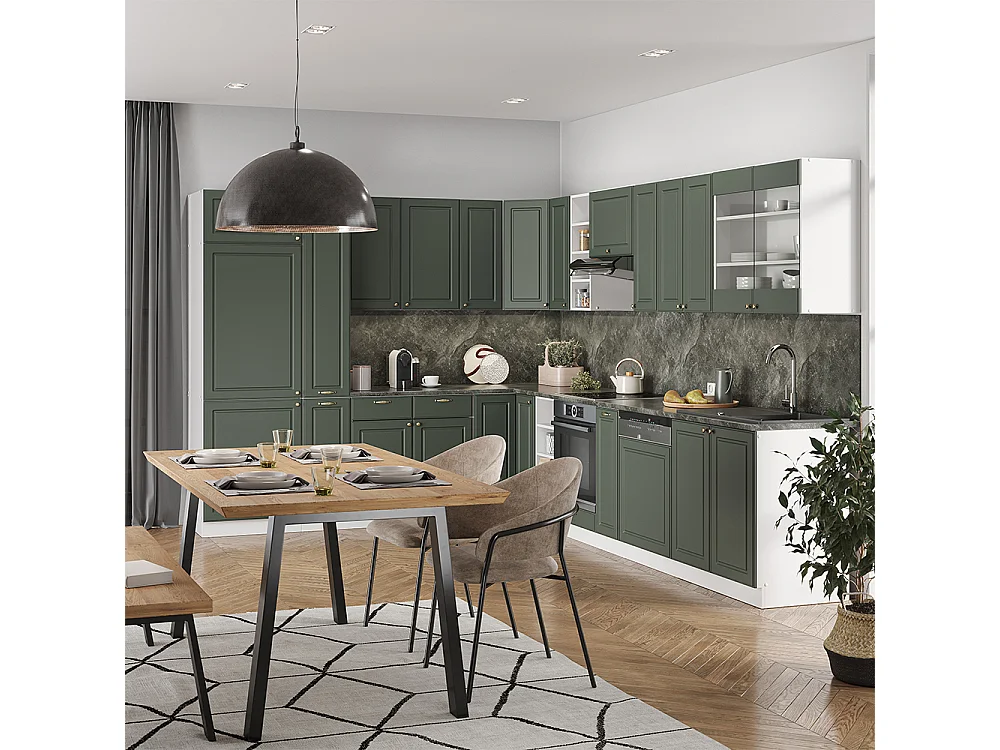 Cocina esquinera verde-dorado casa de campo/blanco 347x60x81.6 fame-line