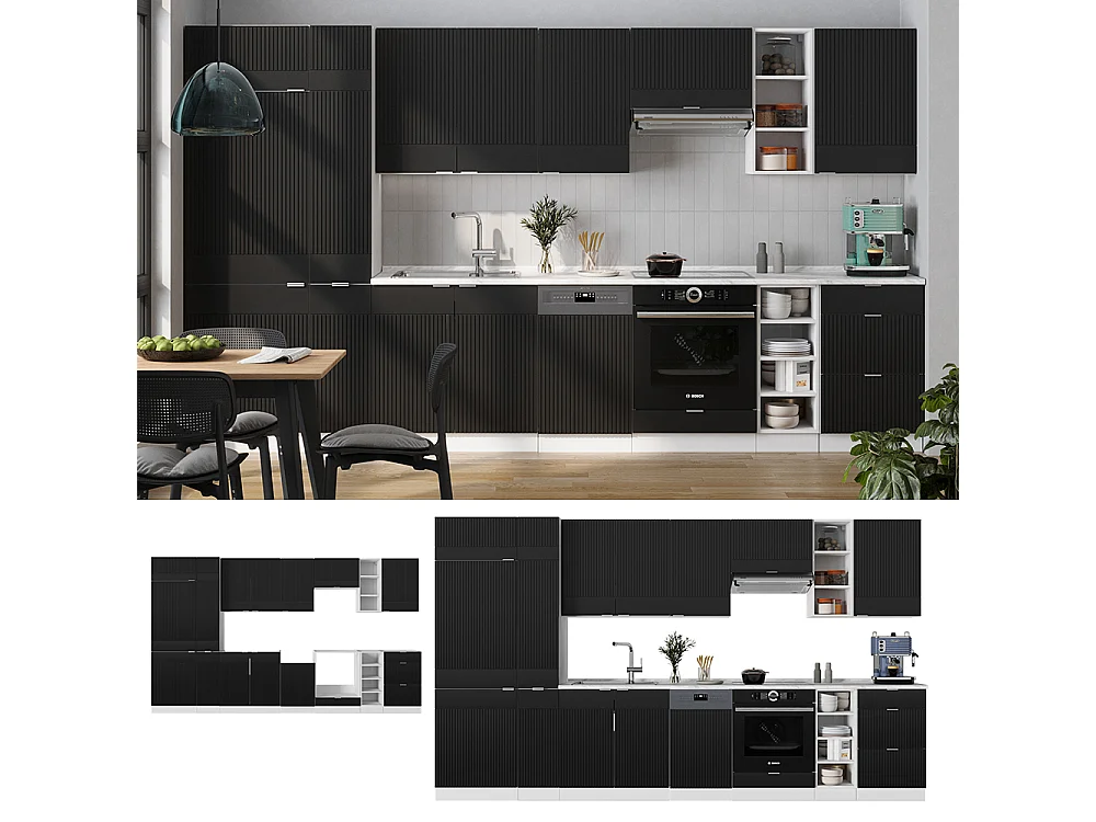 Mueble de cocina negro a rayas/blanco 355x60x81.6 fame-line