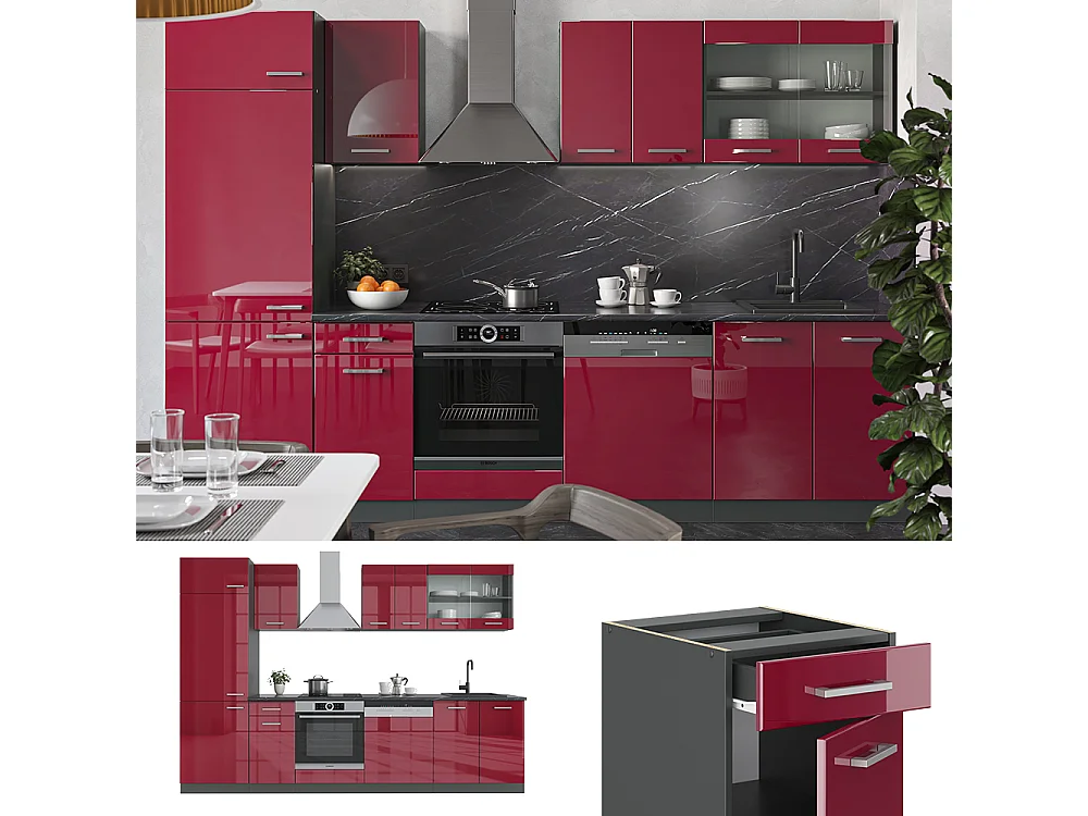 Mueble de cocina rojo brillo intenso/antracita 300x46x81.6 r-line