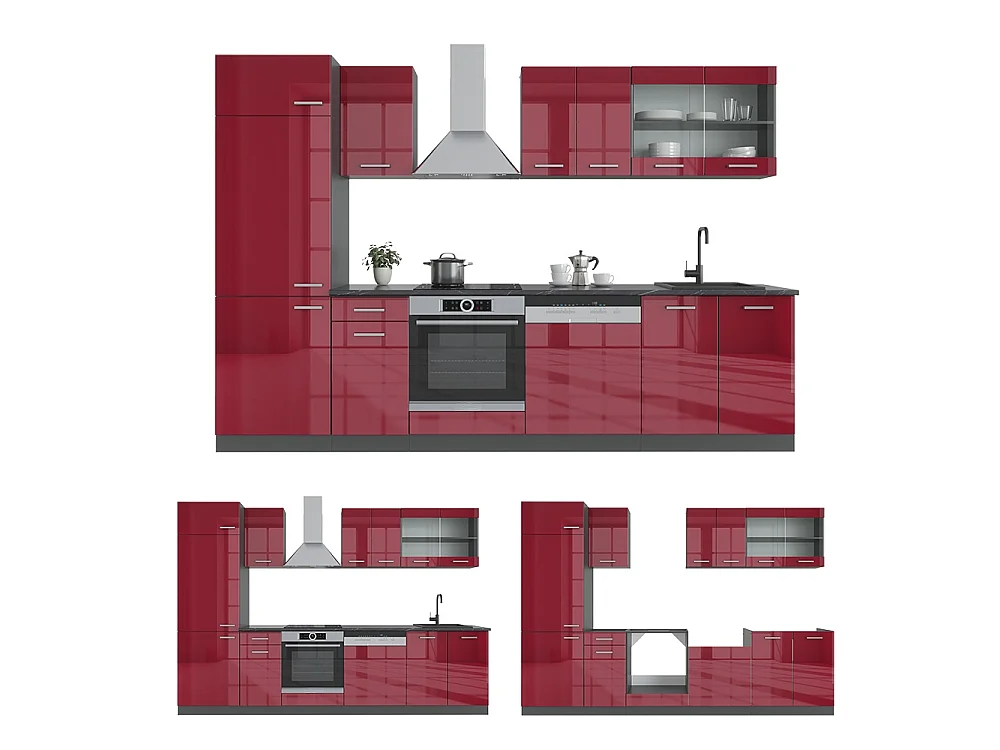 Køkkenrække højglans rød/antracit 300x46x81.6 r-line