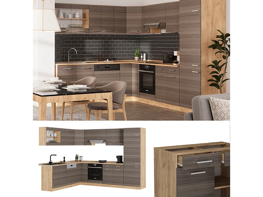 Cucina angolare completa grigio nobile/rovere dorato 287x60x81.6 r-line