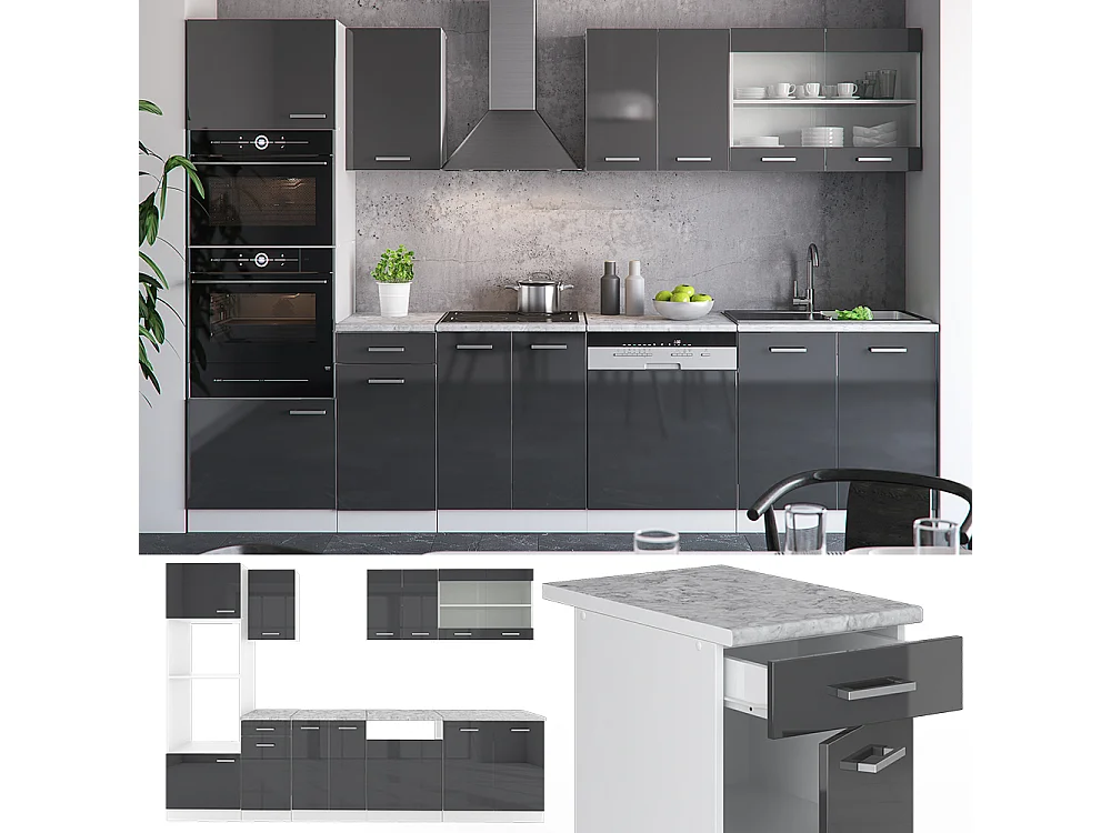 Cuisine anthracite brillant/blanc 300x60x81.6 r-line