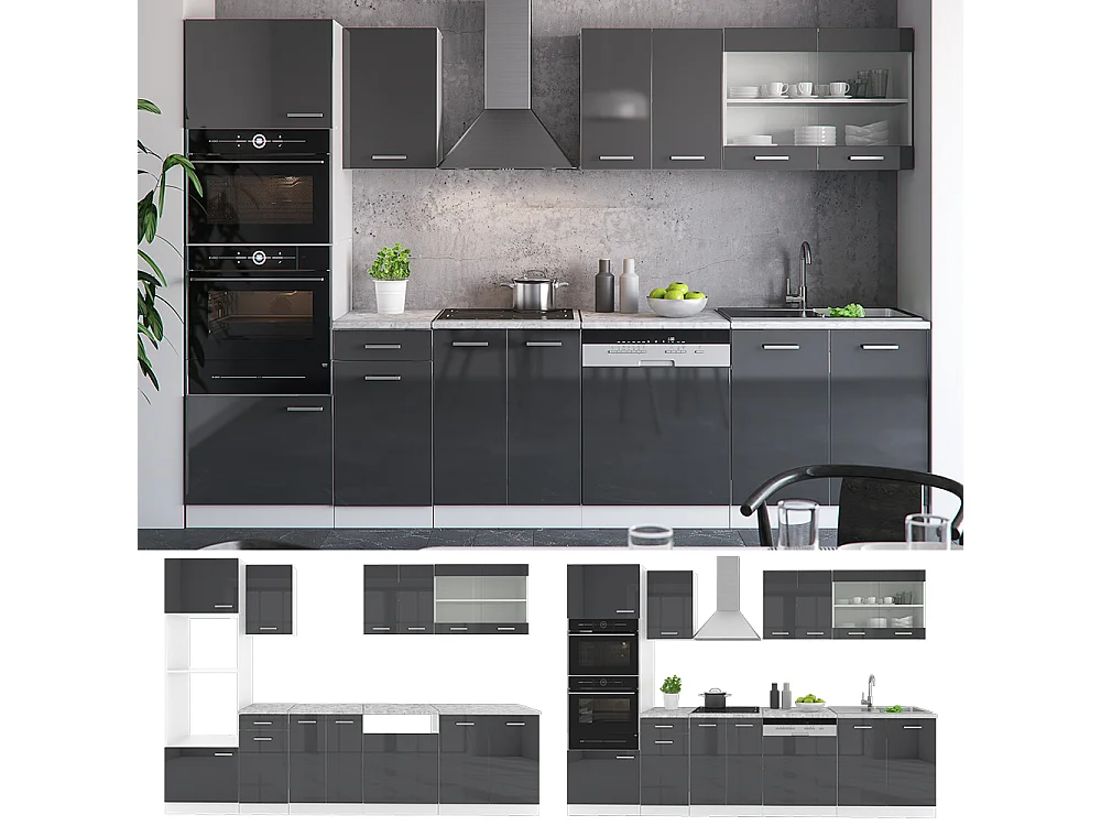 Cuisine anthracite brillant/blanc 300x60x81.6 r-line
