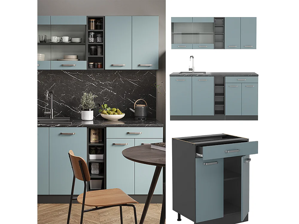 Cuisine bleu-gris/anthracite 160x46x81.6 r-line