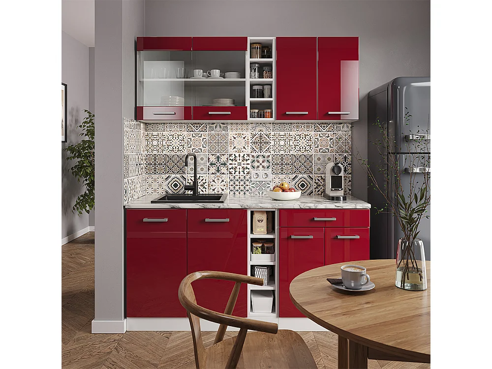 Cocina para solteros rojo brillo intenso/blanco 160x46x81.6 r-line