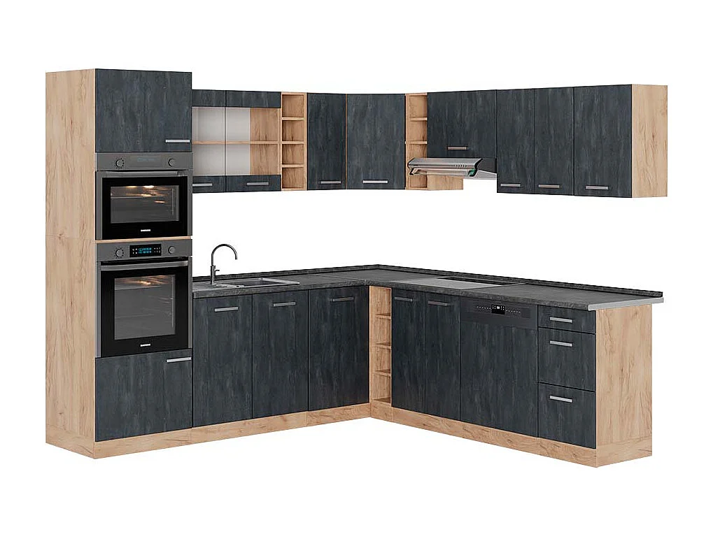Cocina esquinera hormigón negro/roble dorado 247x60x81.6 r-line