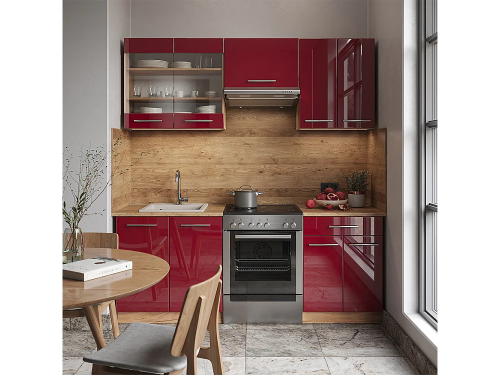 Cuisine bordeaux brillant/chêne doré 200x60x81.6 fame-line