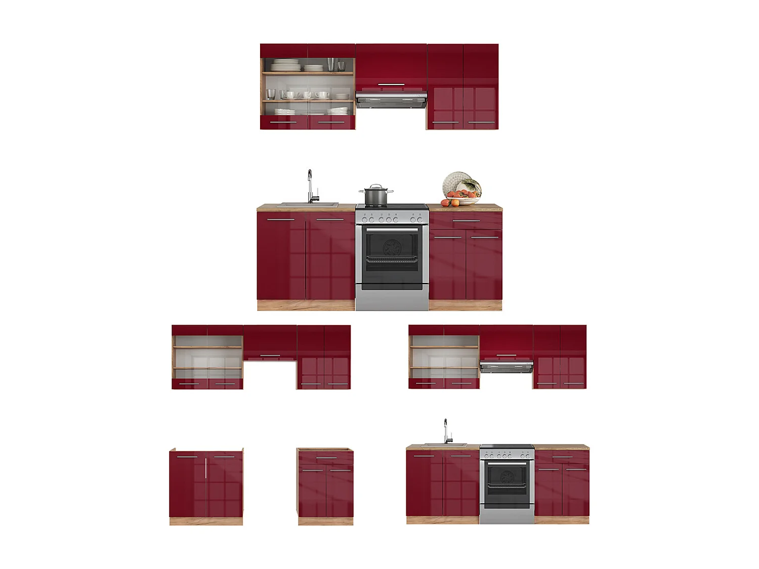 Cuisine bordeaux brillant/chêne doré 200x60x81.6 fame-line