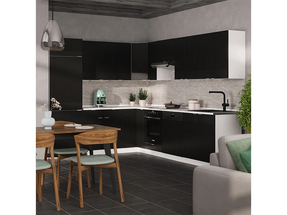 Cuisine en angle noir rayé/blanc 287x46x81.6 fame-line