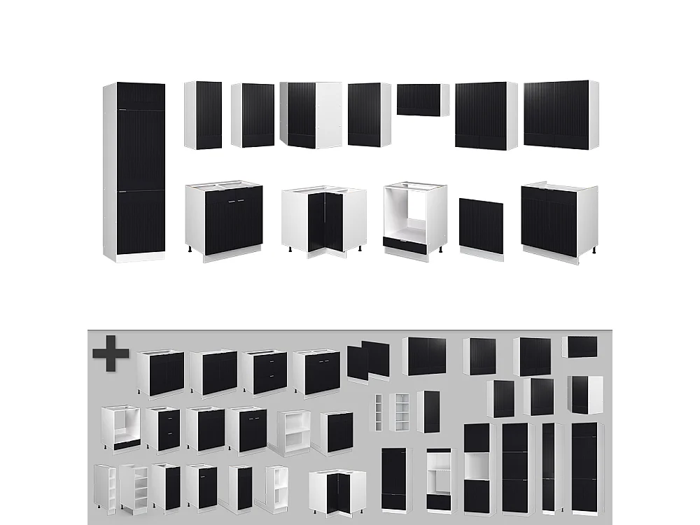 Cuisine en angle noir rayé/blanc 287x46x81.6 fame-line