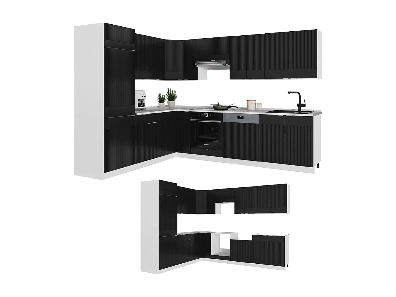 Cuisine en angle noir rayé/blanc 287x46x81.6 fame-line