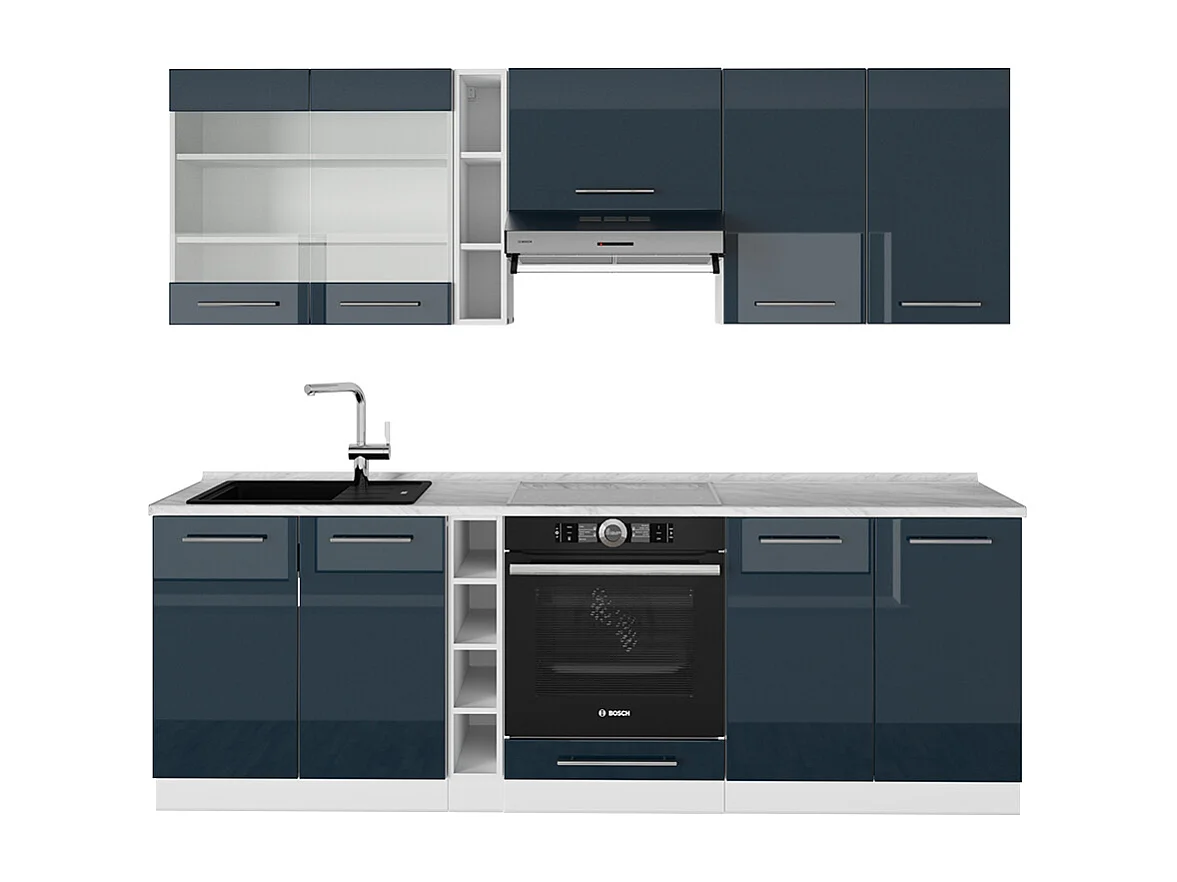 Küchenzeile dunkelblau hochglanz/weiß 235x60x81.6 fame-line