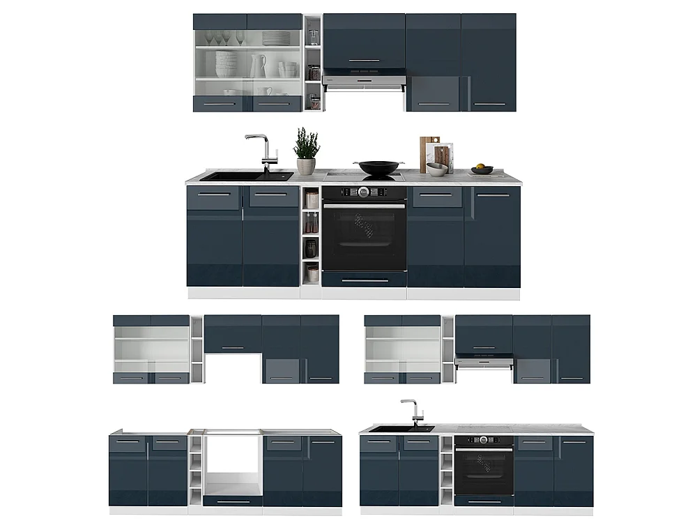 Mueble de cocina azul oscuro alto brillo/blanco 235x60x81.6 fame-line