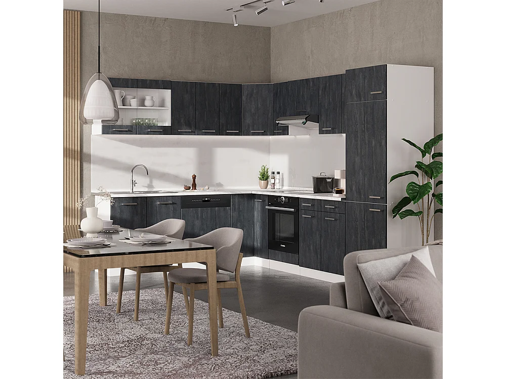 Cucina angolare completa nero cemento/bianco 287x60x81.6 r-line