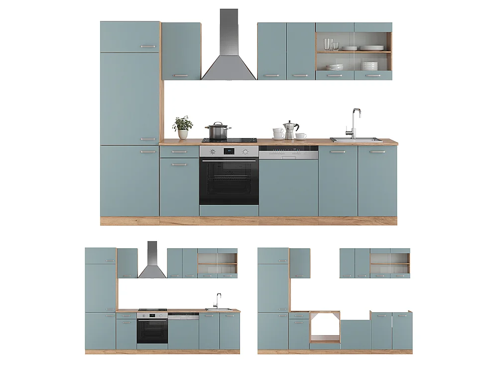 Køkkenrække blågrå/gylden eg 300x60x81.6 r-line
