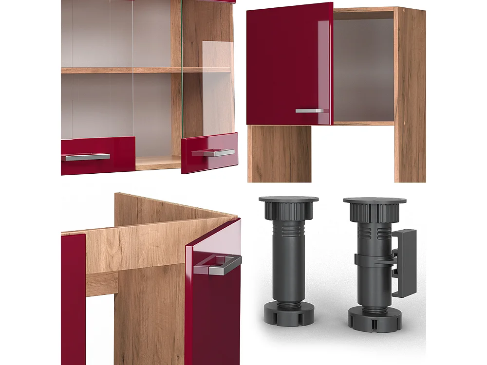 Cucina angolare completa rosso lucido/rovere dorato 247x60x81.6 r-line