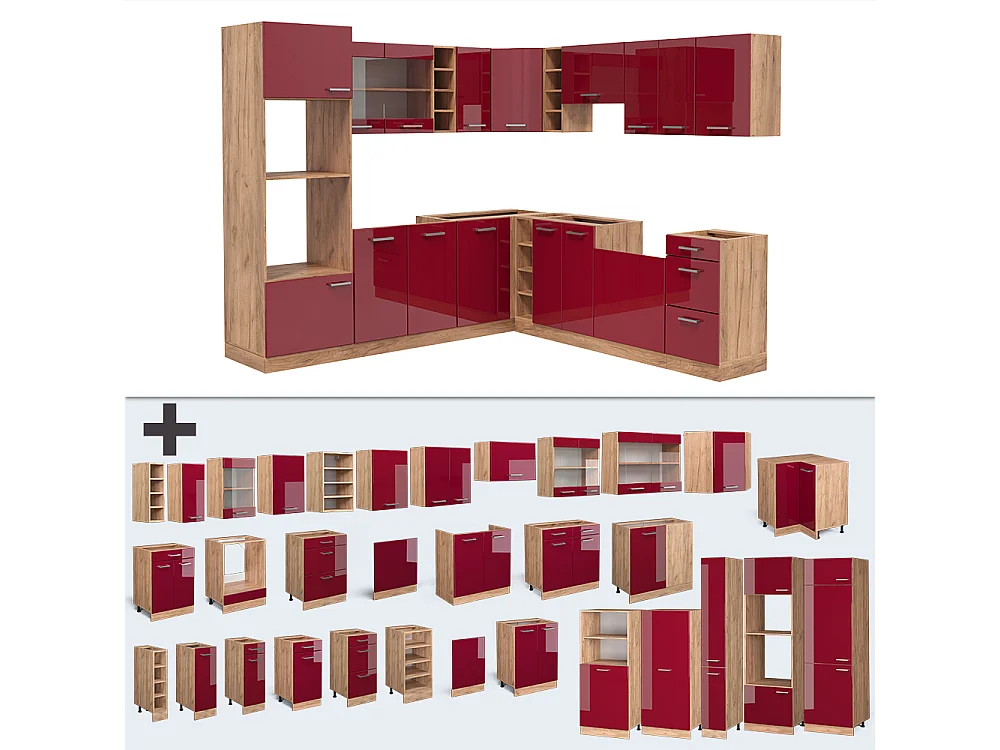 Cucina angolare completa rosso lucido/rovere dorato 247x60x81.6 r-line
