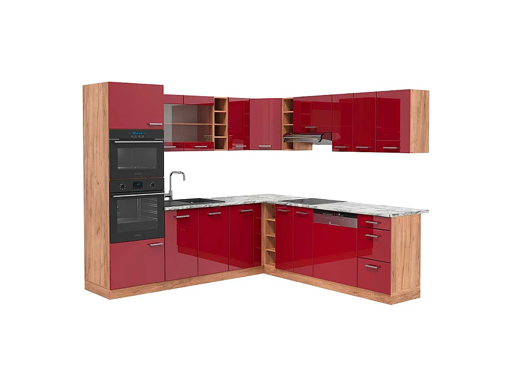 Cuisine en angle rouge brillant/chêne doré 247x60x81.6 r-line