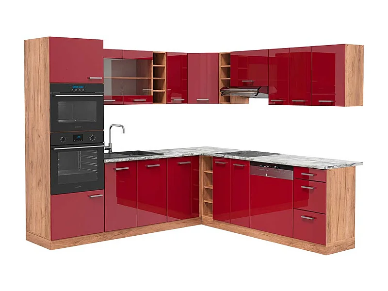 Cucina angolare completa rosso lucido/rovere dorato 247x60x81.6 r-line