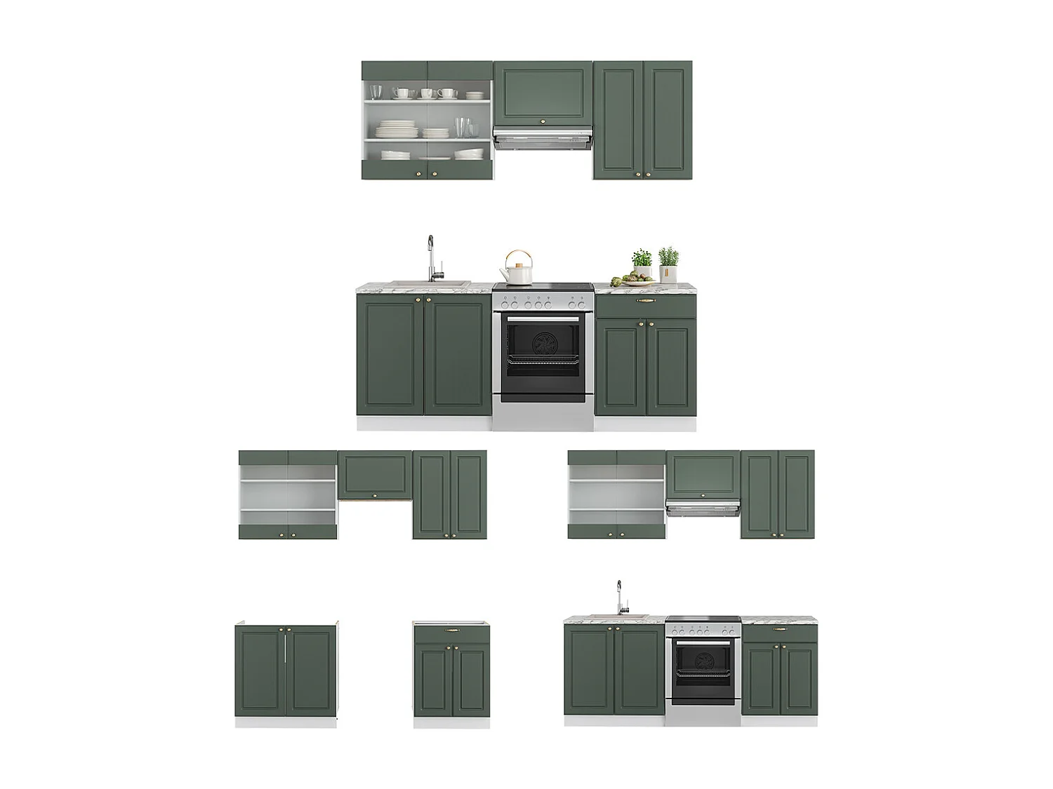 Mueble de cocina verde-dorado casa de campo/blanco 200x60x81.6 fame-line