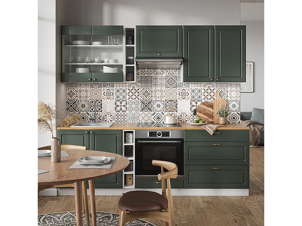 Mueble de cocina verde-dorado casa de campo/blanco 235x60x81.6 fame-line