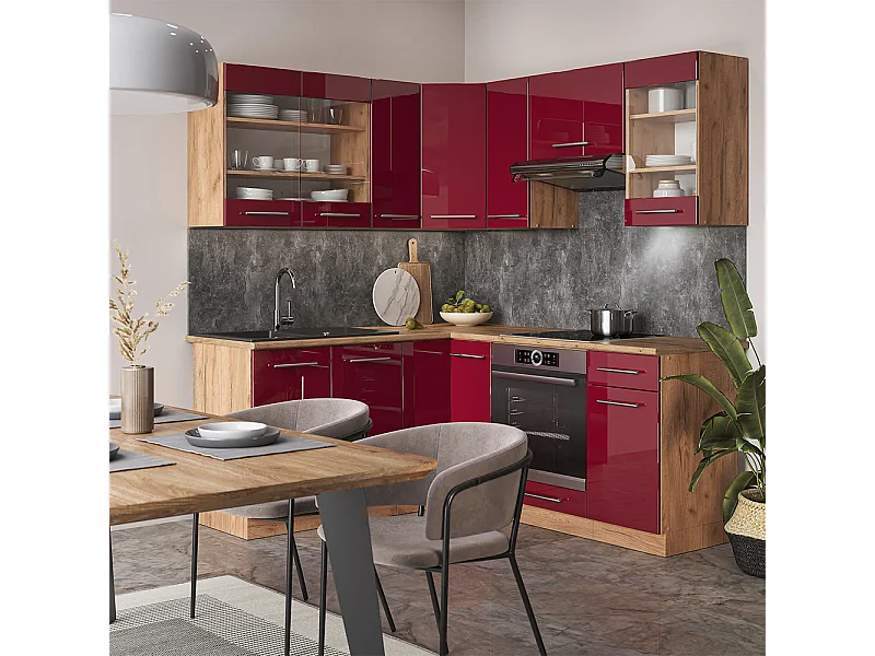 Cocina esquinera burdeos brillo intenso/roble dorado 190x60x81.6 fame-line