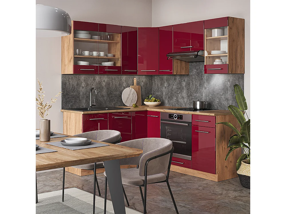 Cocina esquinera burdeos brillo intenso/roble dorado 190x60x81.6 fame-line