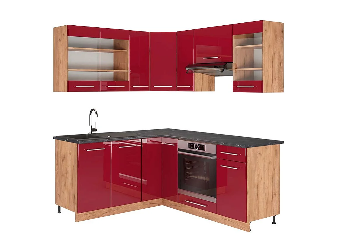 Hjørnekøkken bordeaux højglans/gylden eg 190x60x81.6 fame-line