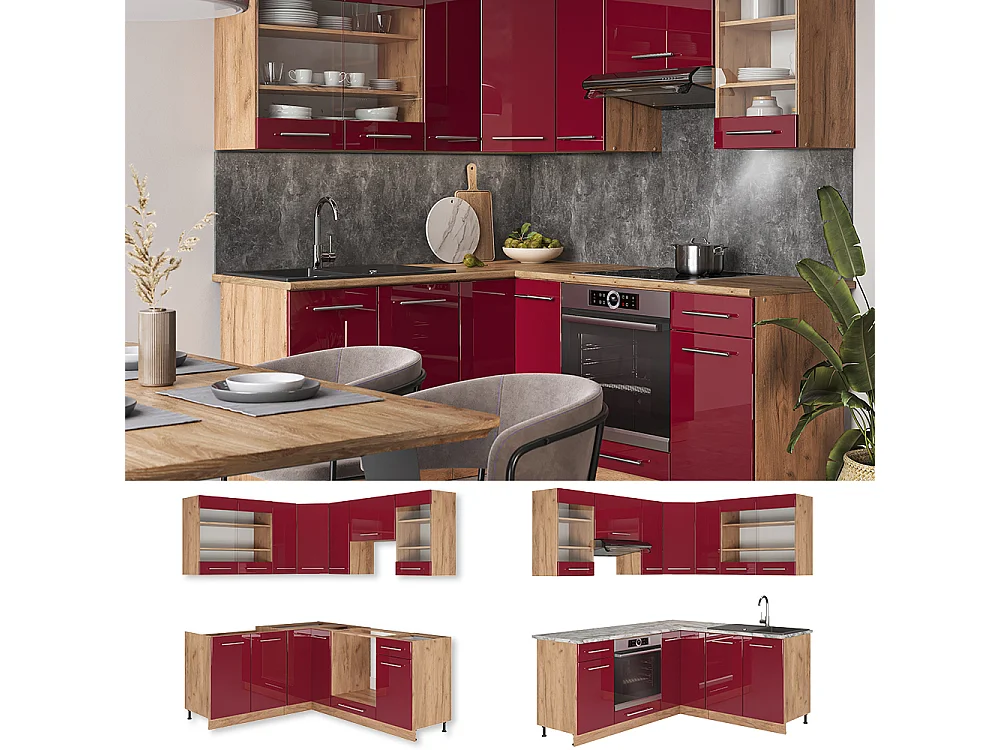 Hjørnekøkken bordeaux højglans/gylden eg 190x60x81.6 fame-line