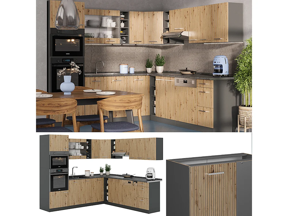 Cocina esquinera roble artesanal/antracita 247x60x81.6 r-line