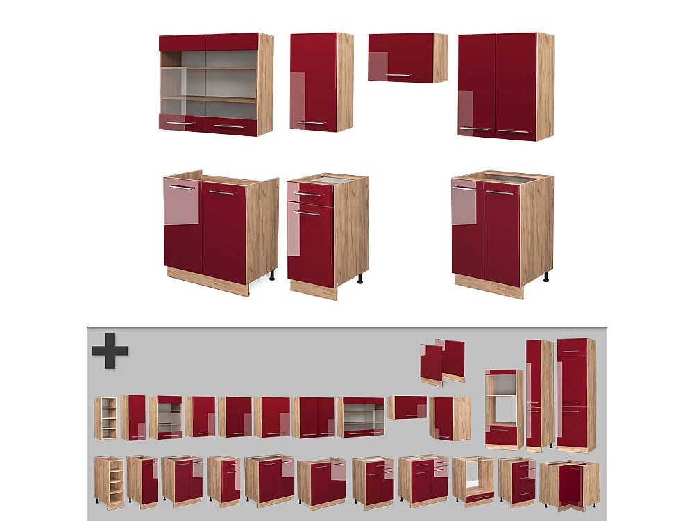 Mueble de cocina burdeos brillo intenso/roble dorado 240x46x81.6 fame-line