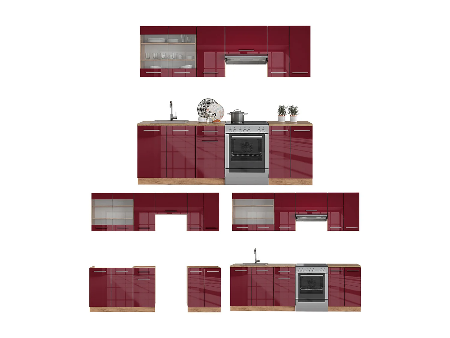 Mueble de cocina burdeos brillo intenso/roble dorado 240x46x81.6 fame-line