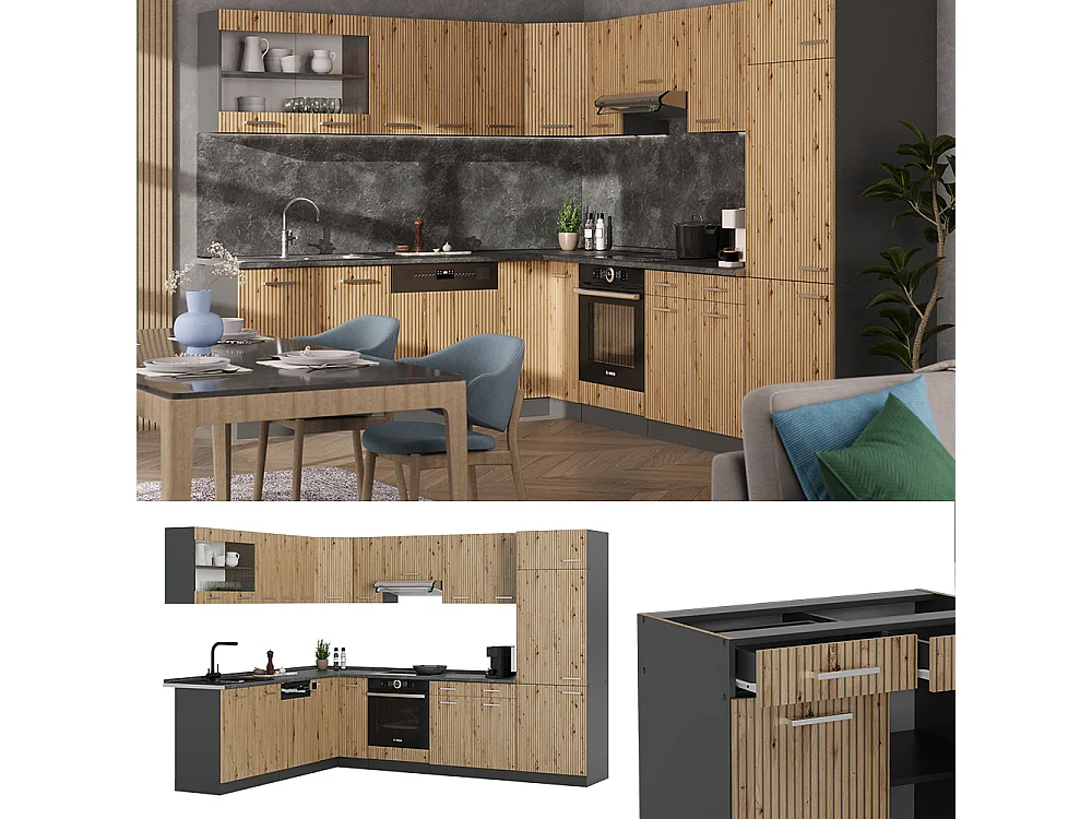 Cocina esquinera roble artesanal/antracita 287x60x81.6 r-line